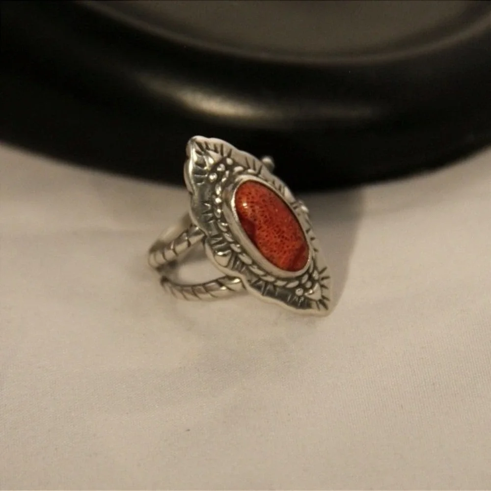 925‎ Sterling Silver Red Sponge Coral Southwestern Stamped Statement Ring Size 8